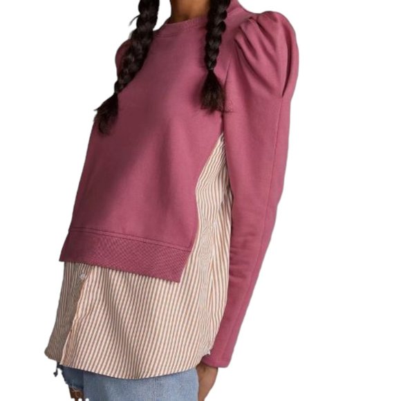 Anthropologie Maeve Pink Layered Long Puff Sleeve Tunic Sweatshirt Size M - Picture 5 of 16